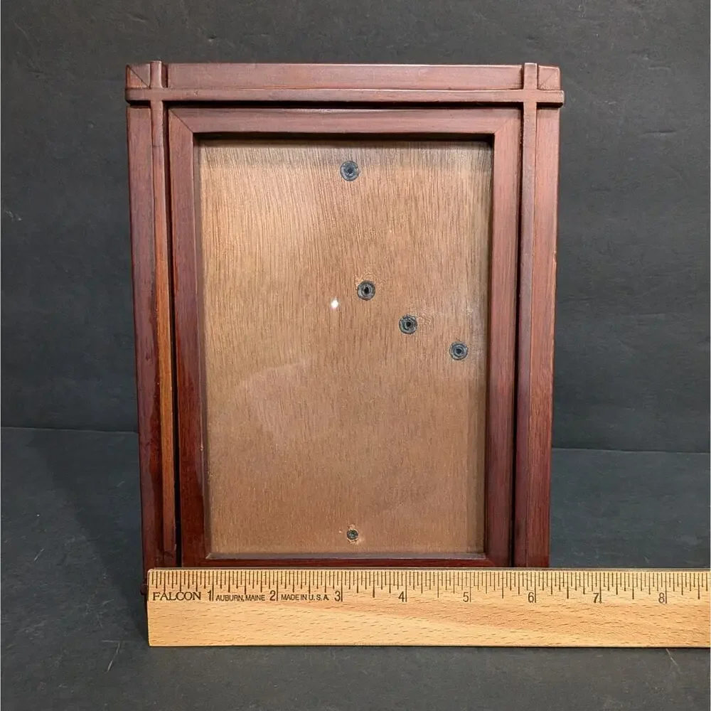 Vintage 5x7 Red Mahogany Hardwood Photo Frame Tramp Art Cross Corner Easel